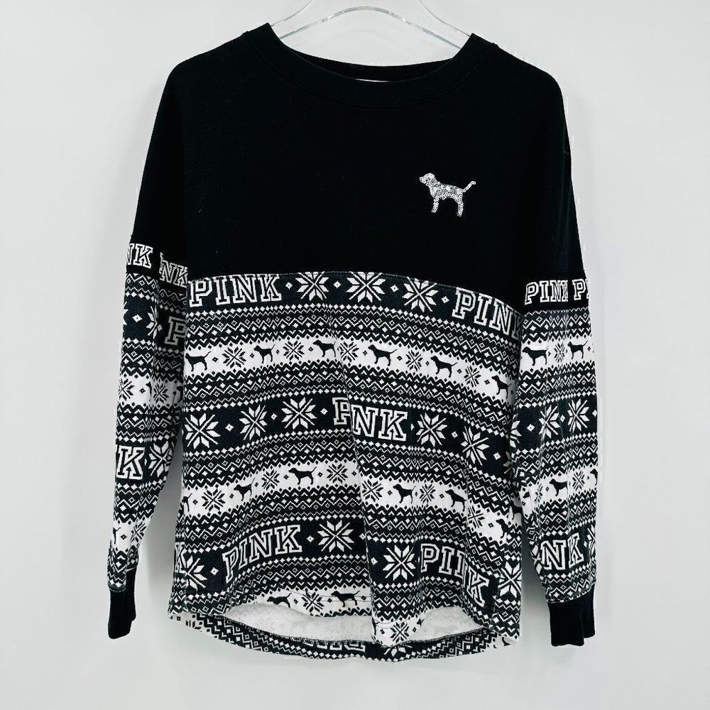 VS PINK Size XS Black & White Sequin Embellished Winter Pullover Sweatshirt